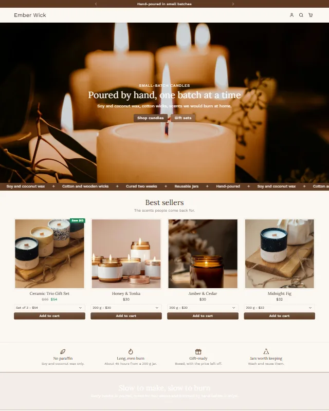 The Ember & Wick demo store: Poured by hand, one batch at a time