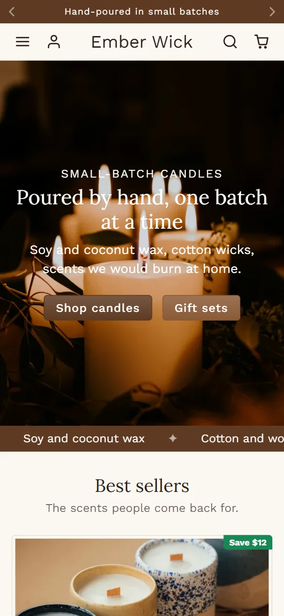 The Ember & Wick home page on a phone