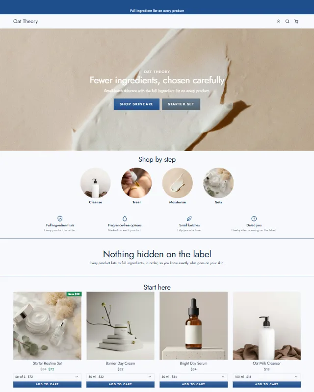 The Oat Theory demo store: Fewer ingredients, chosen carefully